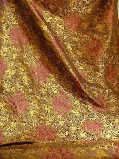 By Yd Hiend 100%silk Lampas Peony Bush "rust" Red Gold Yellow 560 Rust