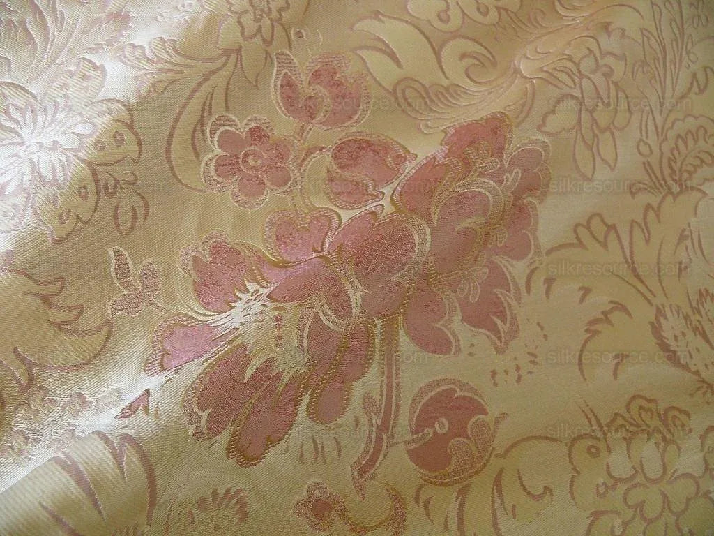 By Yd Hiend 100%silk Lampas Peony Bush "rose" Pink Gold Beige 560 Rose