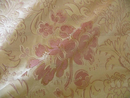 By Yd Hiend 100%silk Lampas Peony Bush "rose" Pink Gold Beige 560 Rose