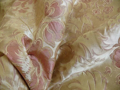 By Yd Hiend 100%silk Lampas Peony Bush "rose" Pink Gold Beige 560 Rose