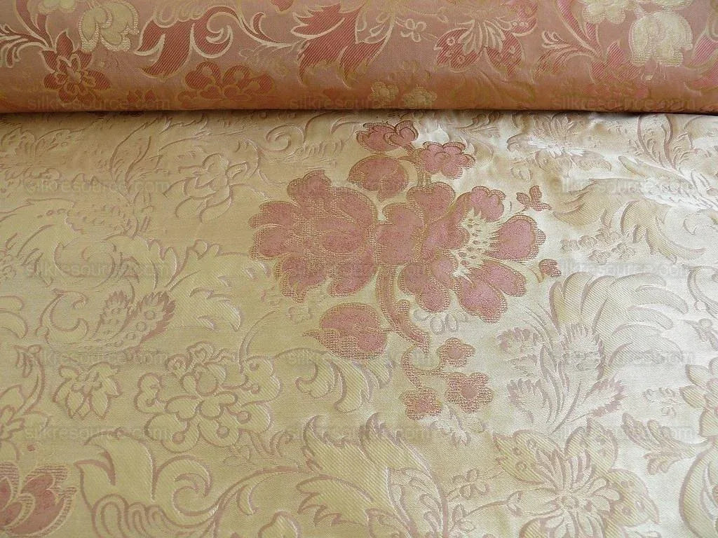 By Yd Hiend 100%silk Lampas Peony Bush "rose" Pink Gold Beige 560 Rose