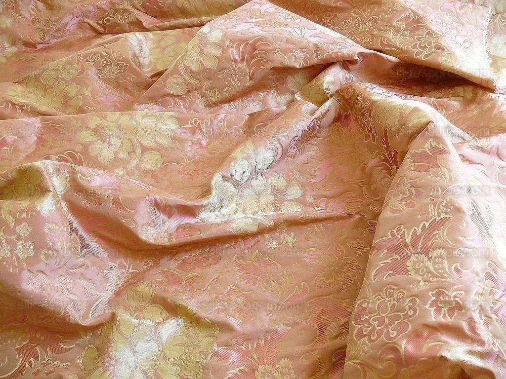 By Yd Hiend 100%silk Lampas Peony Bush "rose" Pink Gold Beige 560 Rose