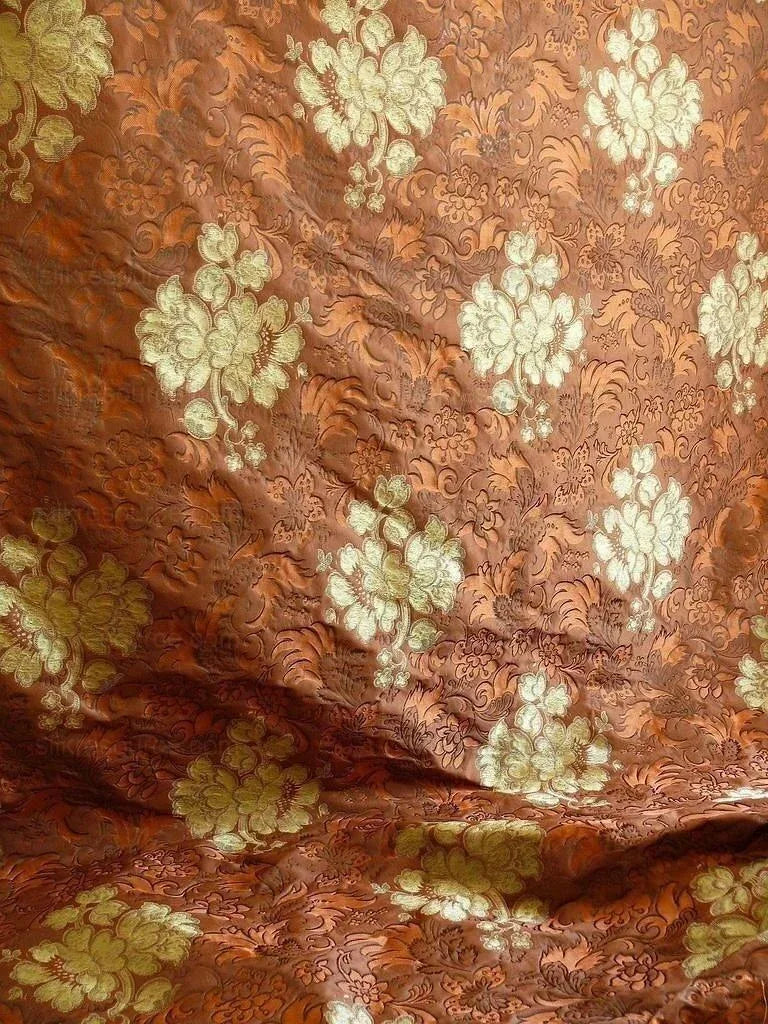 By Yd Hiend 100%silk Lampas Peony Bush "cognac" Brown Gray Beige 560 Cognac