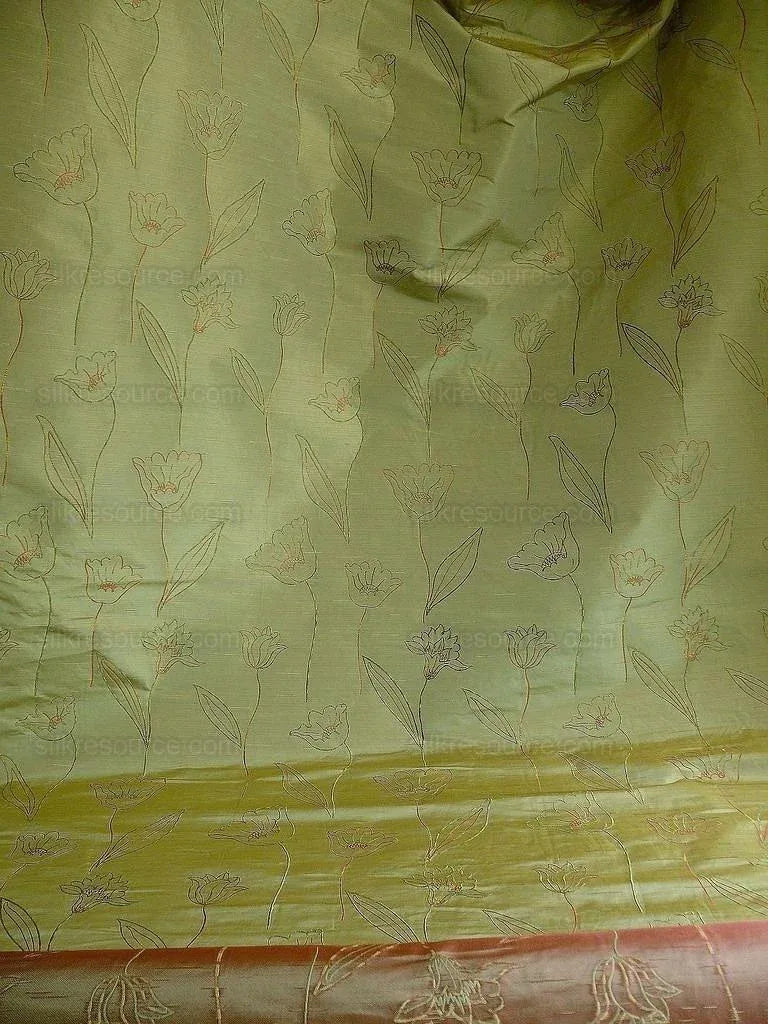 100% Silk Lampas Tulip "green" Mod Picasso Modern Abstract Flora Thick MSRP USD 300+/Y