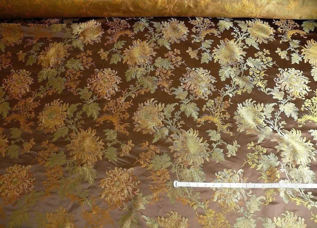 by yard 100% Silk Lampas Realistic Stemmed Chrysanthemums "branch" Brown