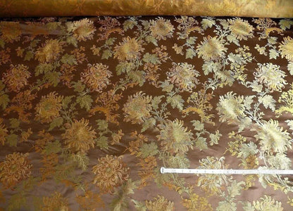 by yard 100% Silk Lampas Realistic Stemmed Chrysanthemums "branch" Brown