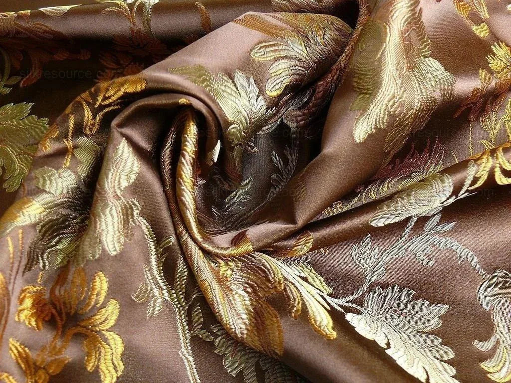 by yard 100% Silk Lampas Realistic Stemmed Chrysanthemums "branch" Brown