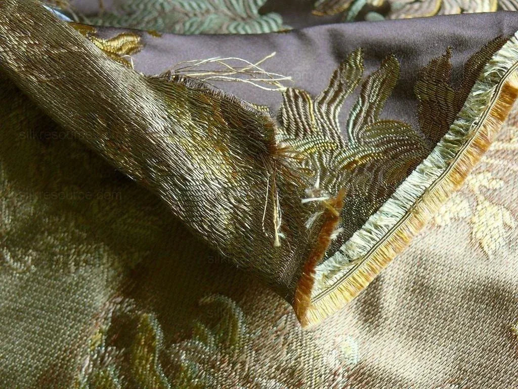 by yard 100% Silk Lampas Realistic Stemmed Chrysanthemums "branch" Brown