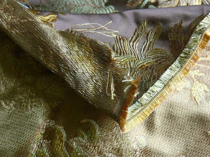 by yard 100% Silk Lampas Realistic Stemmed Chrysanthemums "branch" Brown