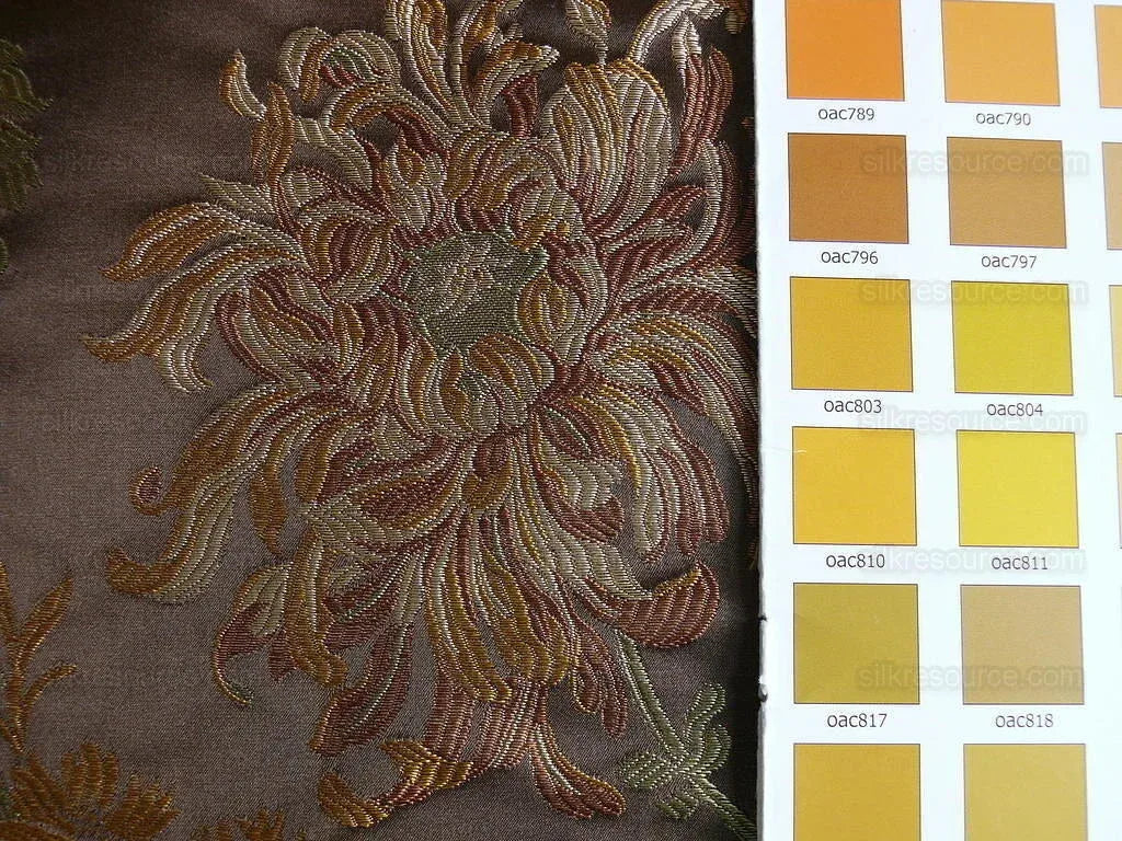 by yard 100% Silk Lampas Realistic Stemmed Chrysanthemums "branch" Brown