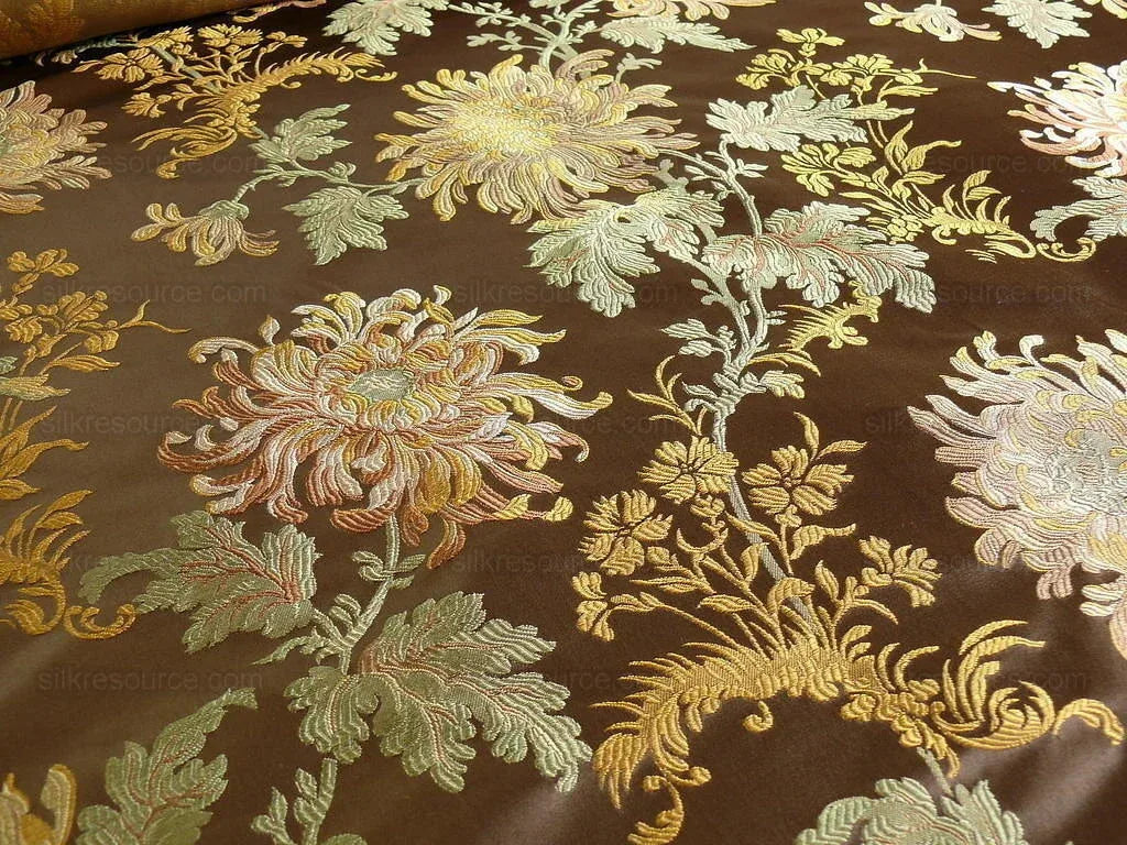 by yard 100% Silk Lampas Realistic Stemmed Chrysanthemums "branch" Brown