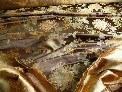 by yard 100% Silk Lampas Realistic Stemmed Chrysanthemums "branch" Brown