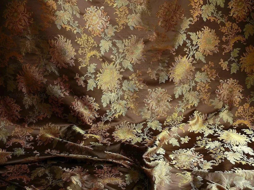 by yard 100% Silk Lampas Realistic Stemmed Chrysanthemums "branch" Brown