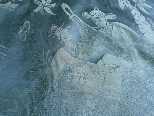 100% Silk Damask Chinoiserie Music Garden "aspen" Turquoise Bty