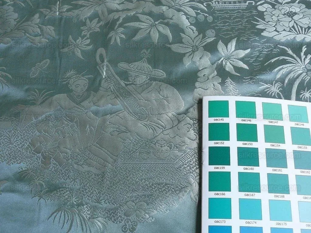 100% Silk Damask Chinoiserie Music Garden "aspen" Turquoise Bty