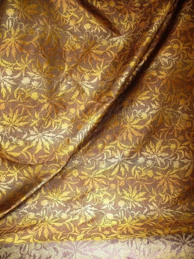 by yard 100% Silk Jacquard Palm Japanese Maple Leaf Foliage Magic "autumn" Brown Gold
