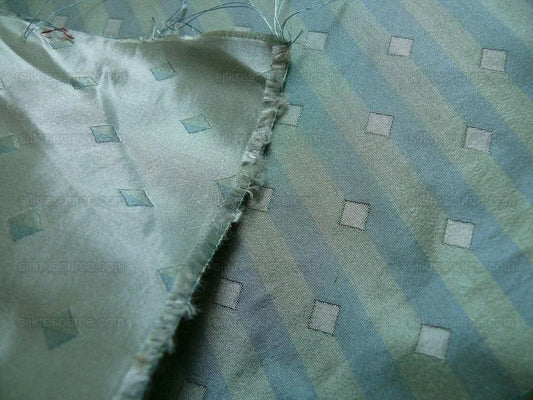 by yard 100% Silk Lampas Diamond Dot "mermaid" Blue Turquoise  Stripe Reversible