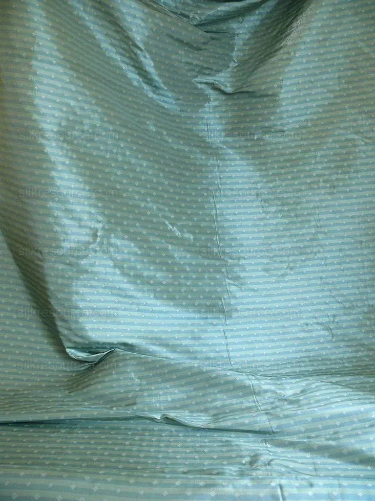 by yard 100% Silk Lampas Diamond Dot "mermaid" Blue Turquoise  Stripe Reversible