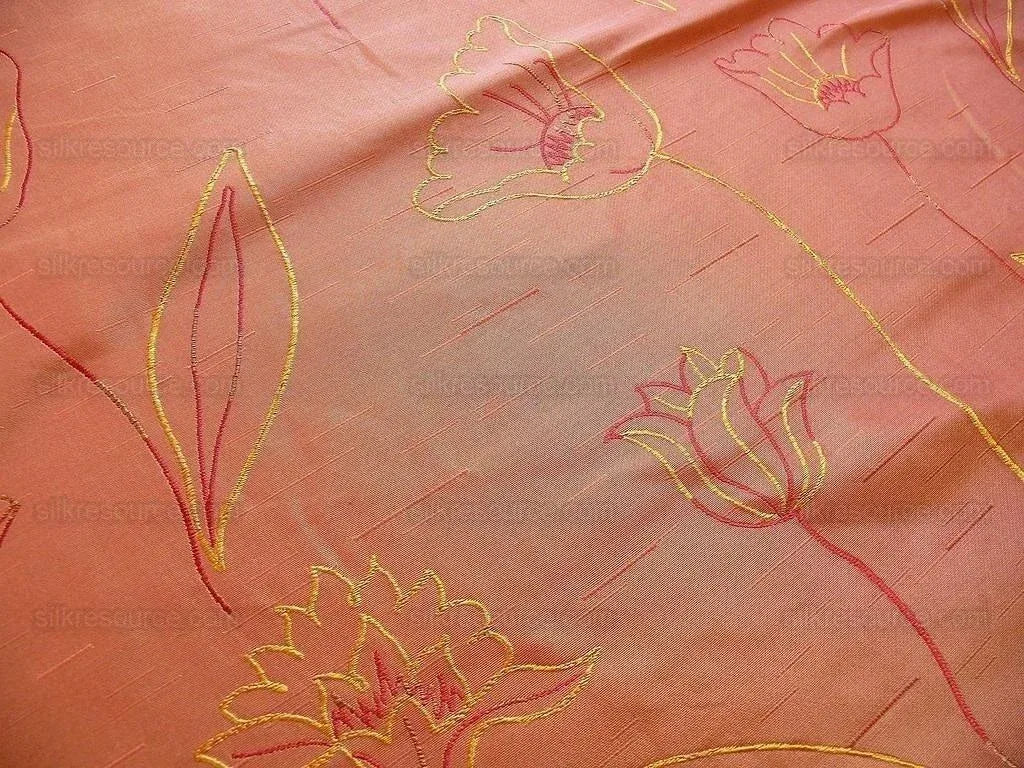 100% Silk Lampas Tulip "rust" Red Mod Picasso Modern Abstract Flora Thick MSRP USD 300+/Y