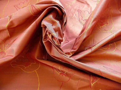 100% Silk Lampas Tulip "rust" Red Mod Picasso Modern Abstract Flora Thick MSRP USD 300+/Y