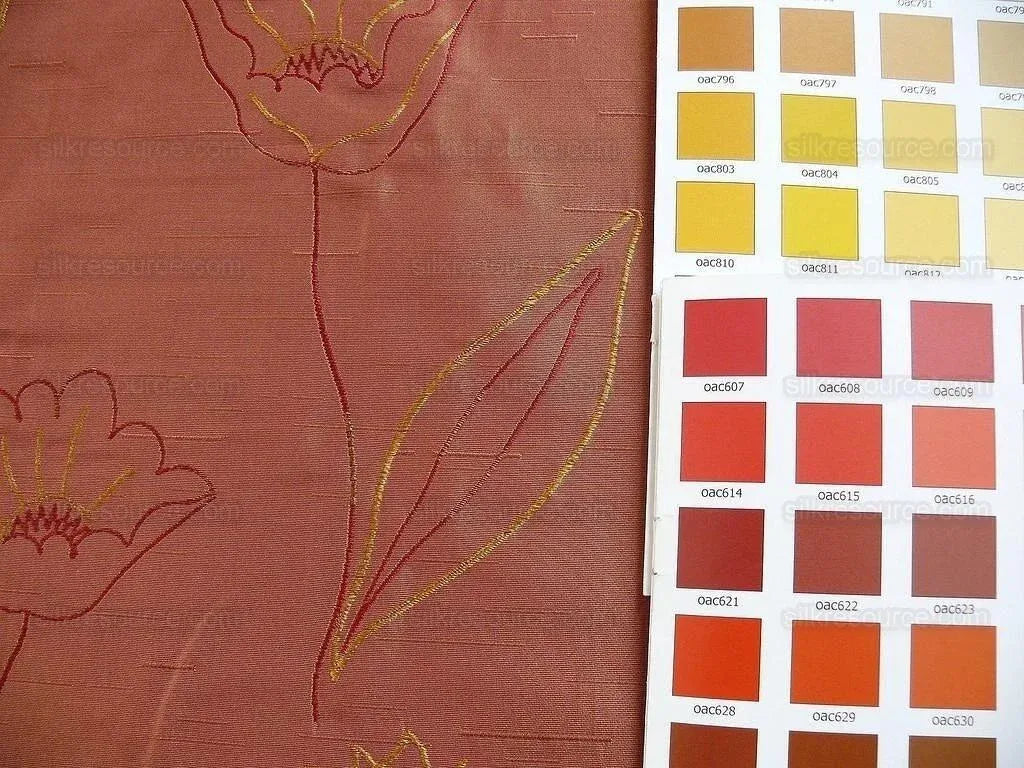 100% Silk Lampas Tulip "rust" Red Mod Picasso Modern Abstract Flora Thick MSRP USD 300+/Y