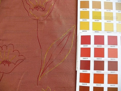 100% Silk Lampas Tulip "rust" Red Mod Picasso Modern Abstract Flora Thick MSRP USD 300+/Y
