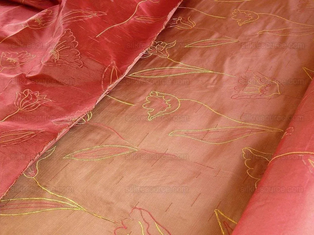 100% Silk Lampas Tulip "rust" Red Mod Picasso Modern Abstract Flora Thick MSRP USD 300+/Y