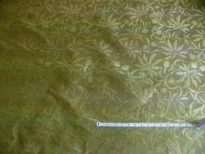 by yard 100% Silk Jacquard Palm Japanese Maple Leaf Foliage Magic "fir" Green Brown Gold