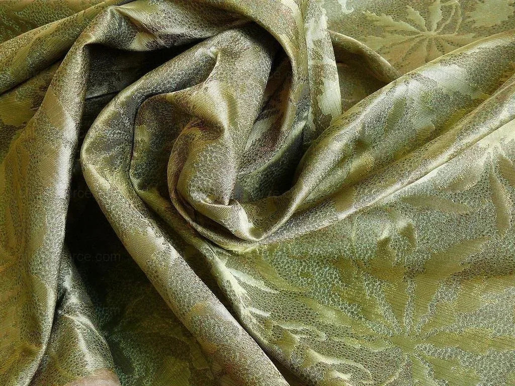 by yard 100% Silk Jacquard Palm Japanese Maple Leaf Foliage Magic "fir" Green Brown Gold