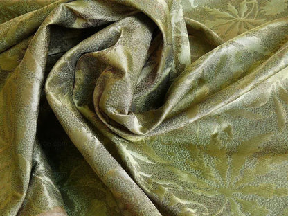 by yard 100% Silk Jacquard Palm Japanese Maple Leaf Foliage Magic "fir" Green Brown Gold