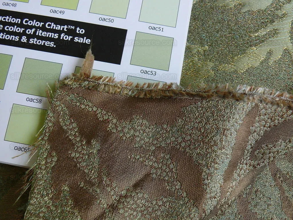 by yard 100% Silk Jacquard Palm Japanese Maple Leaf Foliage Magic "fir" Green Brown Gold