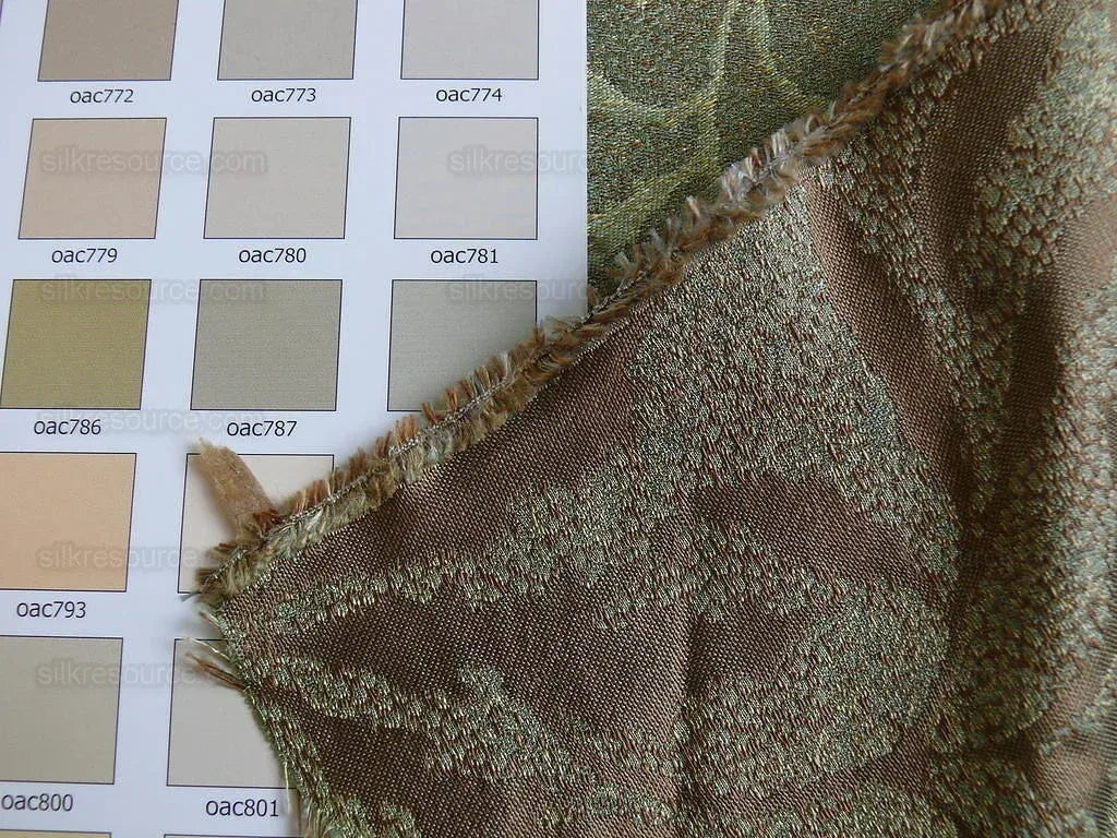 by yard 100% Silk Jacquard Palm Japanese Maple Leaf Foliage Magic "fir" Green Brown Gold