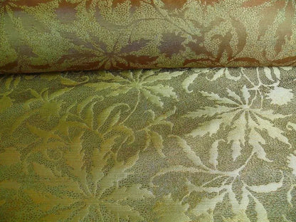 by yard 100% Silk Jacquard Palm Japanese Maple Leaf Foliage Magic "fir" Green Brown Gold