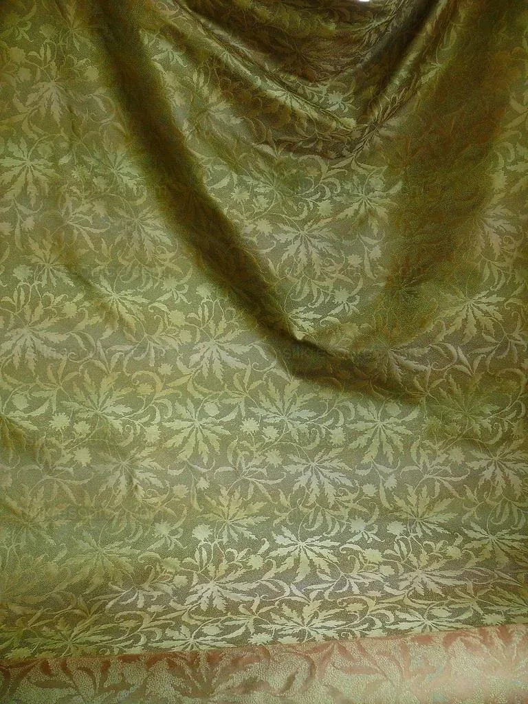 by yard 100% Silk Jacquard Palm Japanese Maple Leaf Foliage Magic "fir" Green Brown Gold