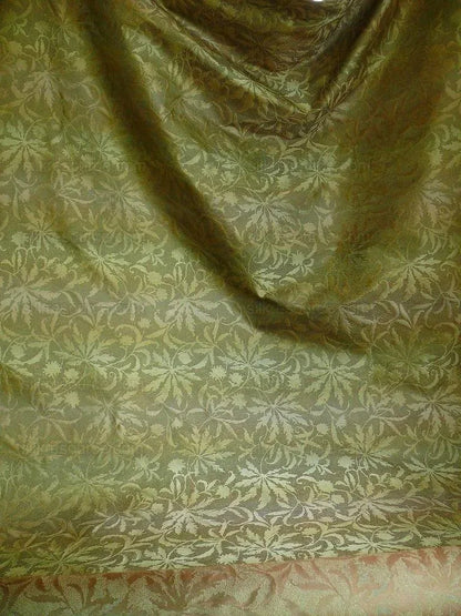 by yard 100% Silk Jacquard Palm Japanese Maple Leaf Foliage Magic "fir" Green Brown Gold