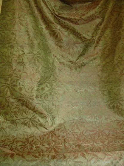 by yard 100% Silk Jacquard Palm Japanese Maple Leaf Foliage Magic "fir" Green Brown Gold