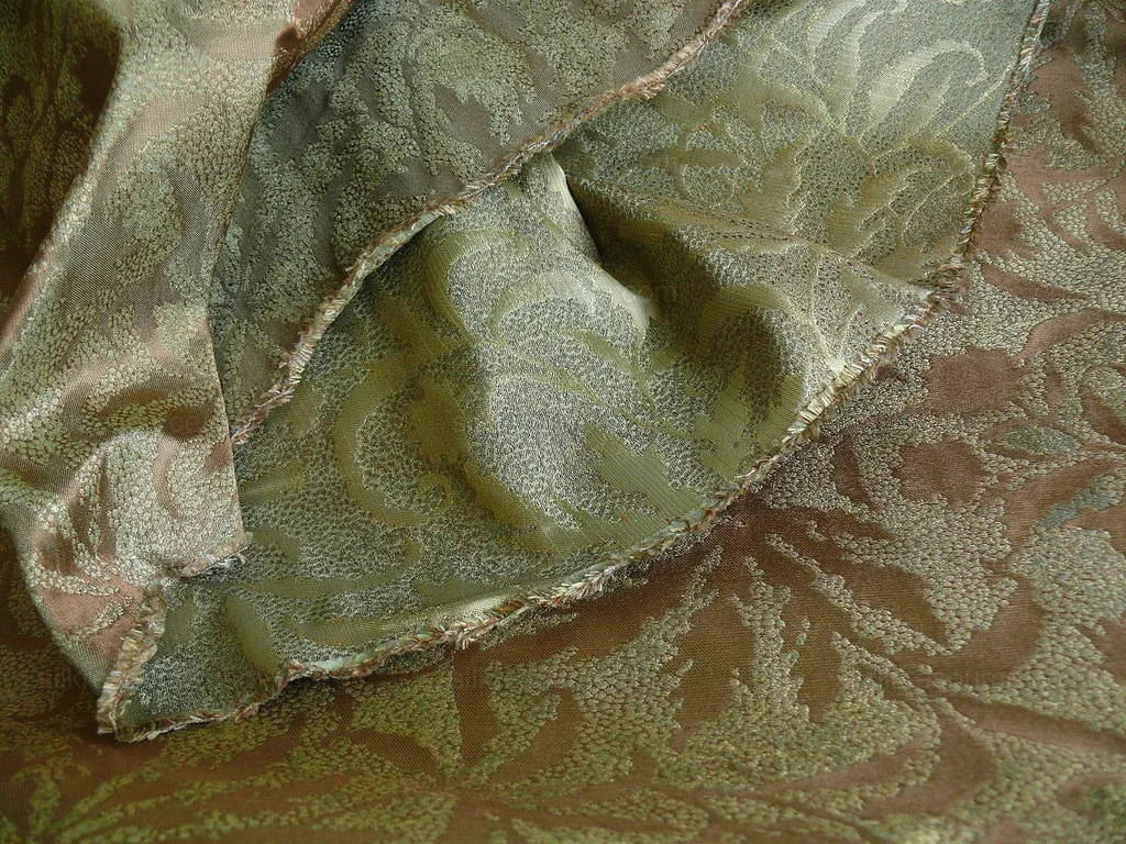 by yard 100% Silk Jacquard Palm Japanese Maple Leaf Foliage Magic "fir" Green Brown Gold