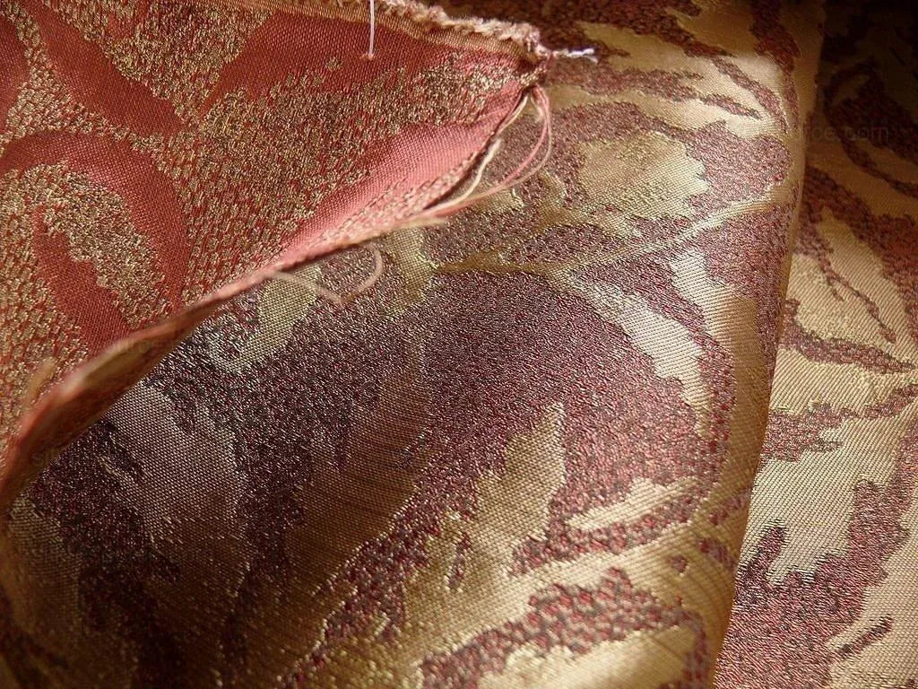 by yard 100% Silk Jacquard Palm Japanese Maple Leaf Foliage Magic "redwood" Red Gold Brown