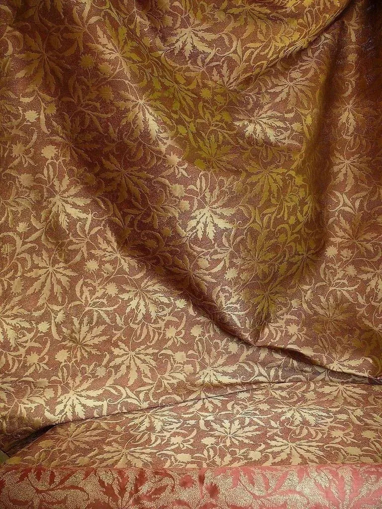 by yard 100% Silk Jacquard Palm Japanese Maple Leaf Foliage Magic "redwood" Red Gold Brown