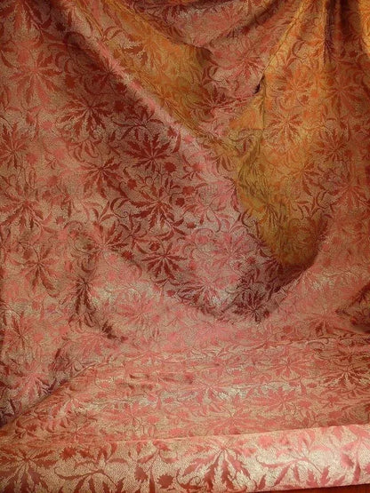 by yard 100% Silk Jacquard Palm Japanese Maple Leaf Foliage Magic "redwood" Red Gold Brown