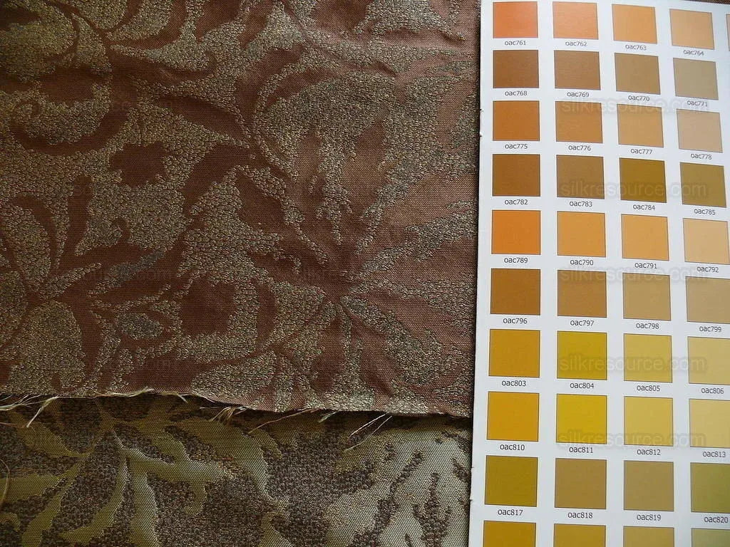 by yard 100% Silk Jacquard Palm Japanese Maple Leaf Foliage Magic  Leaf "thyme" Brown Gold Red