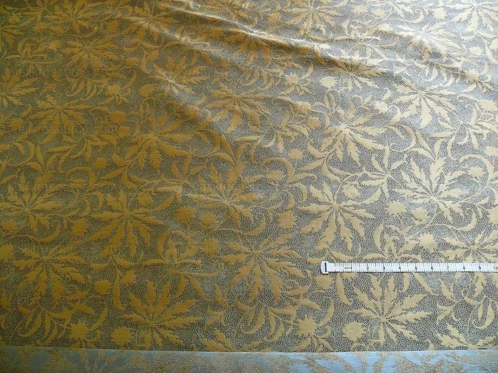 by yard 100% Silk Jacquard Palm Japanese Maple Leaf Foliage Magic "turquoise" Gold Blue