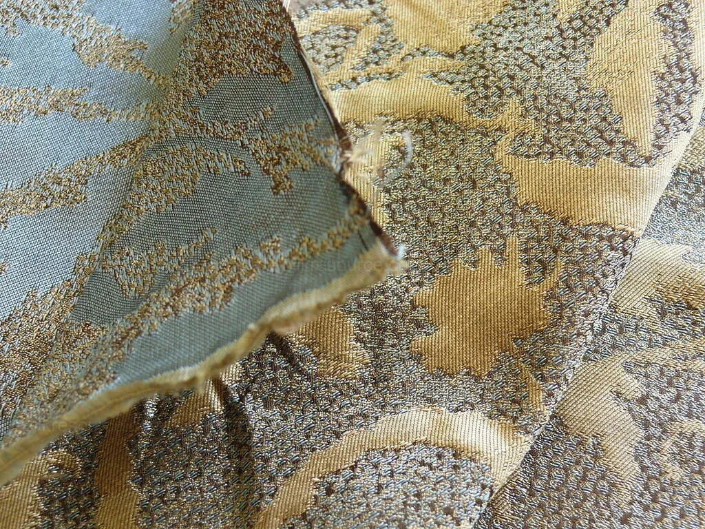 by yard 100% Silk Jacquard Palm Japanese Maple Leaf Foliage Magic "turquoise" Gold Blue