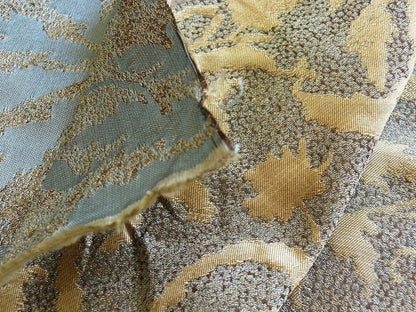 by yard 100% Silk Jacquard Palm Japanese Maple Leaf Foliage Magic "turquoise" Gold Blue