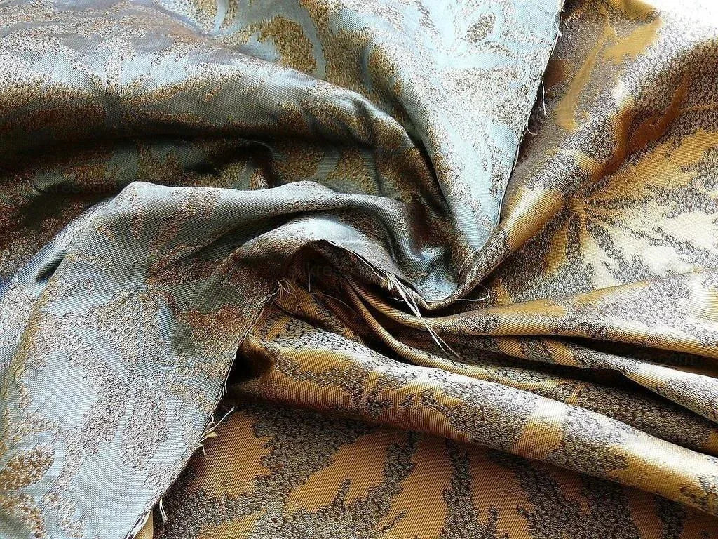 by yard 100% Silk Jacquard Palm Japanese Maple Leaf Foliage Magic "turquoise" Gold Blue