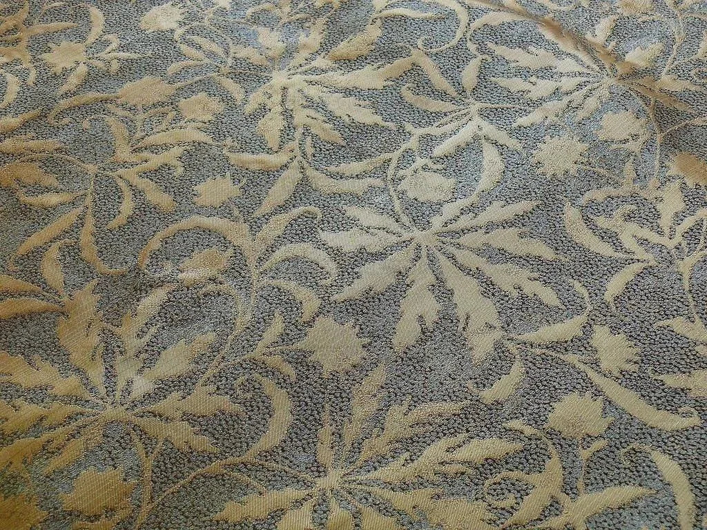 by yard 100% Silk Jacquard Palm Japanese Maple Leaf Foliage Magic "turquoise" Gold Blue