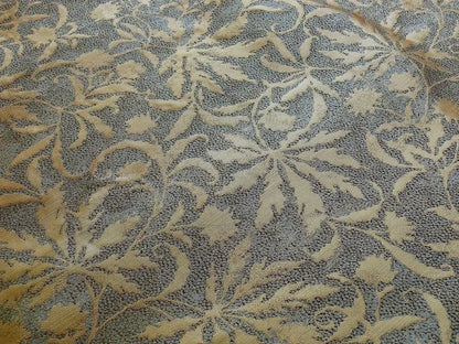 by yard 100% Silk Jacquard Palm Japanese Maple Leaf Foliage Magic "turquoise" Gold Blue