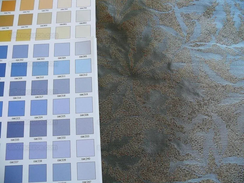 by yard 100% Silk Jacquard Palm Japanese Maple Leaf Foliage Magic "turquoise" Gold Blue