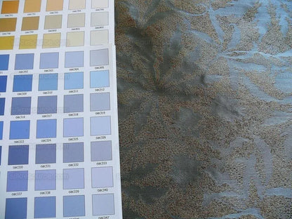 by yard 100% Silk Jacquard Palm Japanese Maple Leaf Foliage Magic "turquoise" Gold Blue