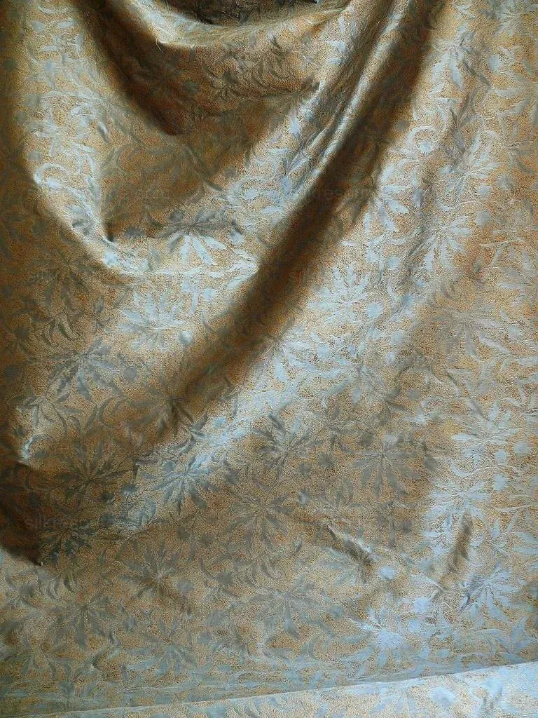 by yard 100% Silk Jacquard Palm Japanese Maple Leaf Foliage Magic "turquoise" Gold Blue